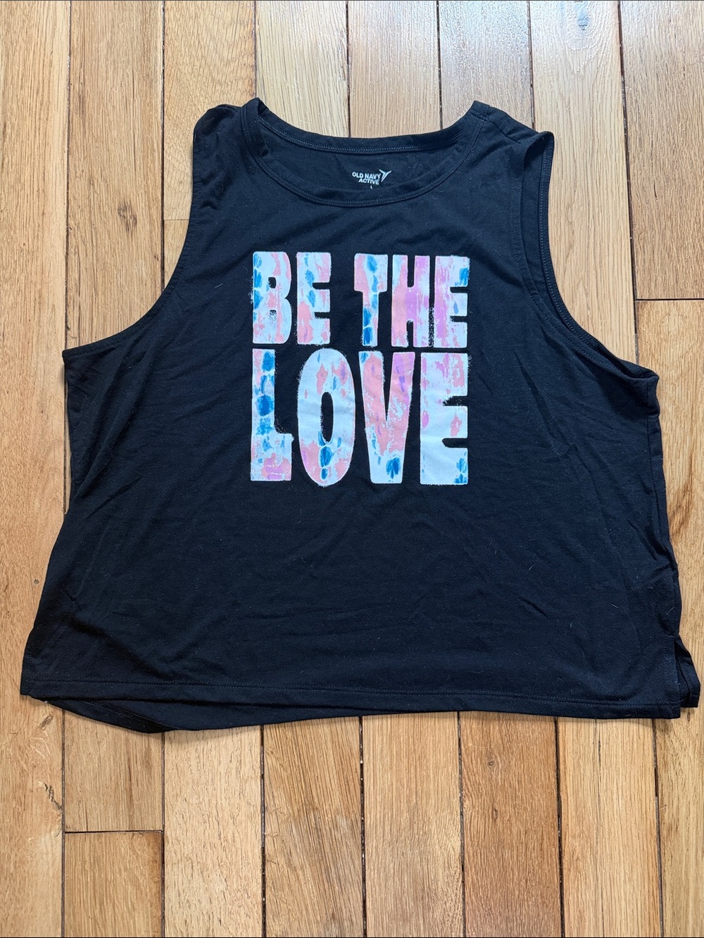 Old Navy Black Graphic Cropped Tank with Pink & Blue Tie-Dye Text